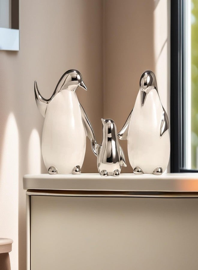 Tuioyoc Set of 3 Ceramic Statues Aesthetic Abstract Penguins Sculpture Cute Modern Home Decor Decorative Statue for Living Room, Bedroom, Office, Table Centerpiece (White Silver) - Image 5